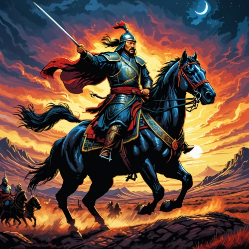 genghis khan,don quixote,conquistador,yi sun sin,cossacks,horseman,cavalry,man and horses,heroic fantasy,bronze horseman,pure-blood arab,ortahisar,horsemen,mongolian,game illustration,caucasus,khokhloma painting,bactrian,king caudata,jousting,Illustration,Realistic Fantasy,Realistic Fantasy 25