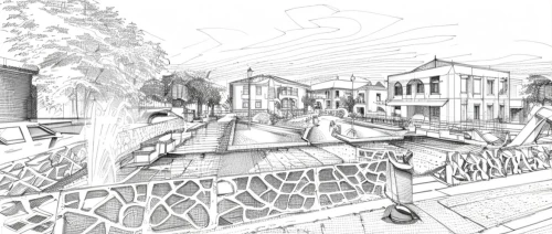 townscape,street plan,3d rendering,urban design,kirrarchitecture,escher village,line drawing,chinese architecture,mono-line line art,urban landscape,hand-drawn illustration,row houses,residential area,houses clipart,canals,house drawing,concept art,camera illustration,wooden houses,grand canal,Design Sketch,Design Sketch,Hand-drawn Line Art