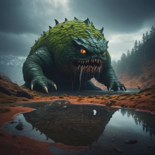 green dragon,crocodile,nature's wrath,swampy landscape,swamp,the ugly swamp,dragon of earth,water creature,crocodile woman,wyrm,forest dragon,painted dragon,fantasy picture,cuthulu,three eyed monster,crocodile eye,world digital painting,fantasy art,sci fiction illustration,landmannahellir,Photography,Documentary Photography,Documentary Photography 16
