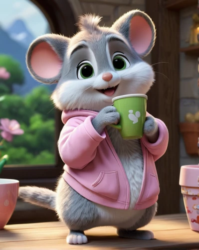 ratatouille,cute cartoon character,holding cup,dormouse,rat na,rataplan,aye-aye,mouse,straw mouse,virginia opossum,rat,disney character,chinchilla,splinter,baby rat,agnes,musical rodent,tiana,drinking yoghurt,mice,Unique,3D,3D Character
