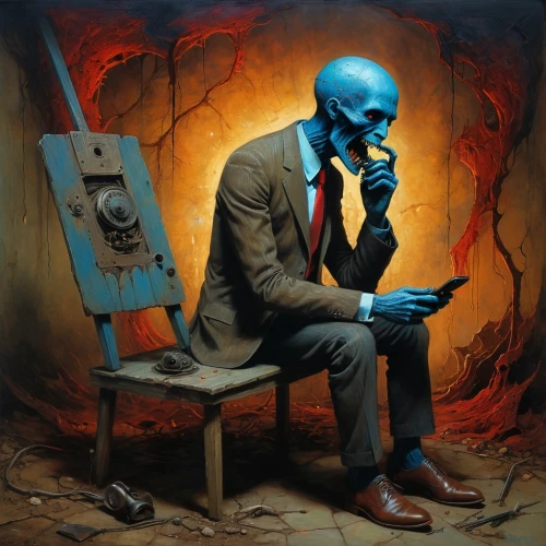 man with a computer,dr. manhattan,man talking on the phone,memento mori,smoking man,computer addiction,the thinker,speak no evil,ego death,the listening,blue painting,blue demon,internet addiction,psychoanalysis,primitive man,thinking man,businessman,blue room,burned out,thinker,Conceptual Art,Oil color,Oil Color 11