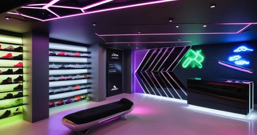 shoe store,walk-in closet,shoe cabinet,neon candies,ufo interior,closet,nightclub,women's closet,game room,neon arrows,showroom,neon,fitness room,neon lights,store front,neon colors,music store,south beach,interior design,retail,Photography,General,Realistic