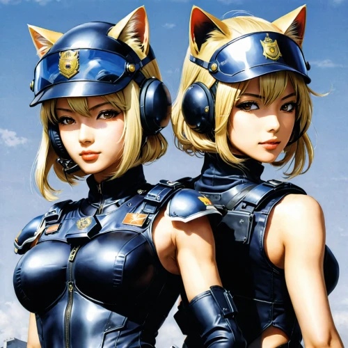 two cats,foxes,police uniforms,kittens,patrols,felines,officers,sega,duo,helmets,cats,policewoman,cat warrior,police officers,game characters,kotobukiya,protectors,police hat,cat ears,police force,Illustration,Japanese style,Japanese Style 09