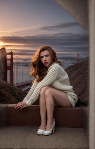 girl on the stairs,portrait photography,fusion photography,bench by the sea,portrait photographers,golden gate,passion photography,romantic portrait,on the pier,vertigo,conceptual photography,hdr,railing,beach chair,girl in a long,female model,san francisco,golden bridge,beach background,girl sitting,Common,Common,Photography