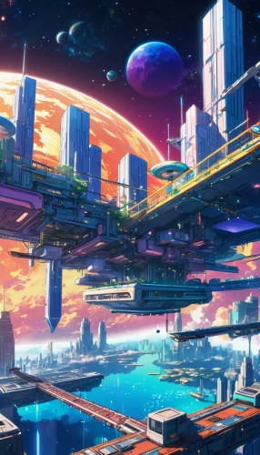 futuristic landscape,scifi,sky space concept,fantasy city,futuristic,sky city,sci - fi,sci-fi,cityscape,colorful city,cyberspace,metropolis,space port,sci fi,space art,sci fiction illustration,skyline,metaverse,spaceship space,city cities,Illustration,Japanese style,Japanese Style 03