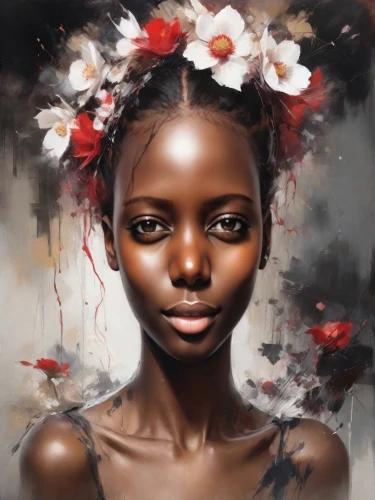 african art,mystical portrait of a girl,girl in flowers,african woman,girl in a wreath,oil painting on canvas,afro american girls,african american woman,afro american,afro-american,girl portrait,flower girl,black skin,beautiful african american women,world digital painting,art painting,black woman,portrait of a girl,oil painting,cloves schwindl inge