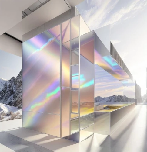 futuristic art museum,plexiglass,mirror house,glass wall,prism,prismatic,ice hotel,cubic house,glass facade,water cube,glass pyramid,light space,quartz,vitrine,structural glass,studio ice,light phenomenon,cube surface,glass facades,glass blocks