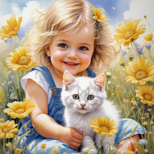 tenderness,little boy and girl,children's background,cat lovers,beautiful girl with flowers,cute cartoon image,girl in flowers,flower painting,oil painting on canvas,cute cat,innocence,childs,oil painting,little girls,child portrait,vintage boy and girl,splendor of flowers,yellow daisies,white cat,flower animal,Conceptual Art,Oil color,Oil Color 03