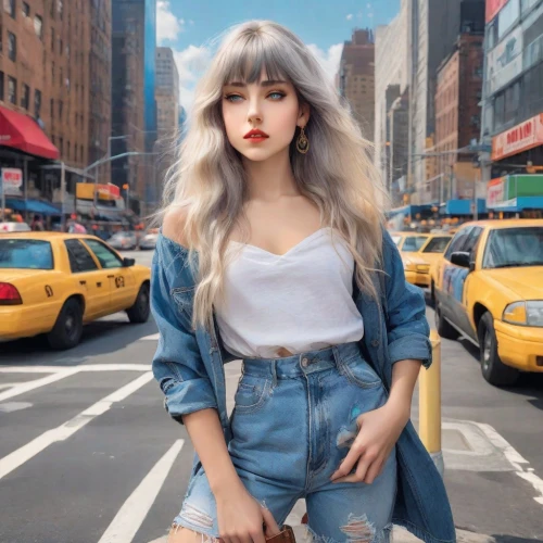 new york streets,ny,nyc,on the street,denim background,retro woman,new york,retro girl,girl in overalls,newyork,jeans background,crosswalk,denim,a woman,a pedestrian,denim jumpsuit,blonde woman,pedestrian,new york taxi,fashionable girl,Photography,Realistic