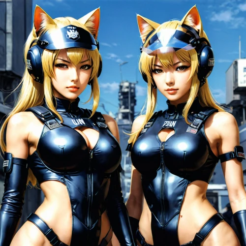 foxes,anime 3d,two cats,female hares,cat ears,felines,catlike,cats,breed cat,fennec,fox,kittens,police uniforms,game characters,swift fox,fox stacked animals,playstation 3 accessory,stray cats,fox hunting,3d rendered,Illustration,Japanese style,Japanese Style 09