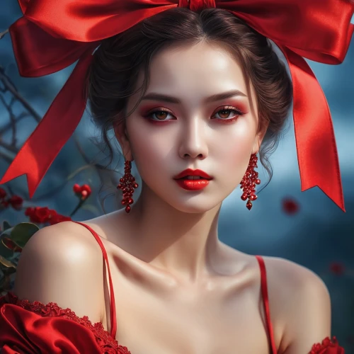 red berries,romantic portrait,red roses,lady in red,red petals,red magnolia,red flower,red rose,red gift,fantasy portrait,red bow,red butterfly,red flowers,red ribbon,red gown,rose hips,romantic look,poppy red,rosehips,bright red,Photography,General,Realistic