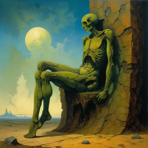 primitive man,dance of death,petrification,scull,the thinker,thinking man,life after death,skeletal structure,skeletal,memento mori,frankenstein,still transience of life,sorrow,album cover,skeleltt,death's-head,dead earth,undead,green skin,wall,Conceptual Art,Oil color,Oil Color 07