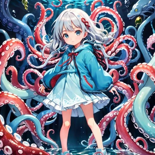 piko,umiuchiwa,tentacles,octopus,tentacle,octopus tentacles,cephalopod,cuthulu,deep sea,calamari,kraken,cnidaria,silver octopus,sea-life,under sea,anemone of the seas,aquarius,amano,fantasia,neptune