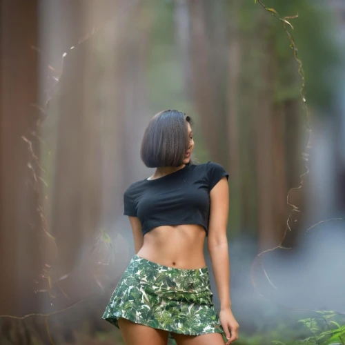 camo,background bokeh,crop top,bokeh,bokeh effect,blurred,blurred vision,in the forest,floral skirt,forest clover,forest background,ballerina in the woods,skort,lei,ebony,in green,blurry,hula,black skirt,pine green,Female,Australians,Inverted Bob,Youth adult,M,Mini Skirt,Outdoor,Forest