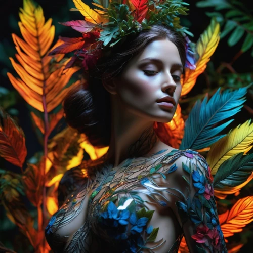 faery,dryad,faerie,fairy peacock,girl in a wreath,feather headdress,poison ivy,fairy queen,flora,bird of paradise,color feathers,autumn jewels,peacock,neon body painting,garden of eden,flower fairy,the enchantress,headdress,wreath of flowers,colorful leaves,Photography,Artistic Photography,Artistic Photography 02