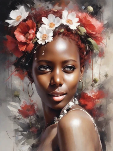 girl in a wreath,girl in flowers,african art,oil painting on canvas,flower painting,african woman,flower girl,boho art,oil painting,mystical portrait of a girl,art painting,wreath of flowers,beautiful girl with flowers,polynesian girl,african american woman,world digital painting,african daisies,digital painting,floral wreath,afro american girls