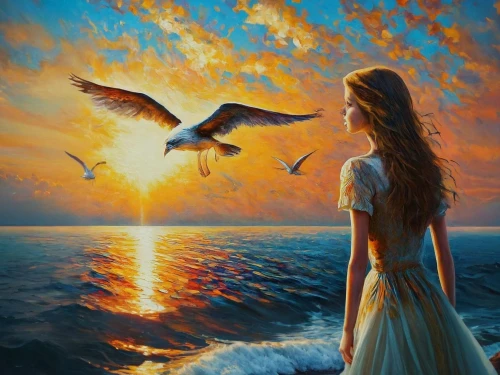 fantasy picture,oil painting on canvas,dove of peace,birds of the sea,sea swallow,fantasy art,oil painting,doves of peace,constellation swan,romantic scene,art painting,sea breeze,flying birds,holy spirit,girl with a dolphin,mystical portrait of a girl,daybreak,freedom from the heart,the wind from the sea,romantic portrait