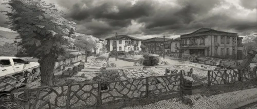 post-apocalyptic landscape,world digital painting,slum,escher village,street view,street scene,destroyed city,pompeii,gray-scale,suburb,slums,the street,oradour-sur-glane,neighborhood,hurricane katrina,meteora,apocalypse,pompei,ghost town,virtual landscape,Art sketch,Art sketch,Concept