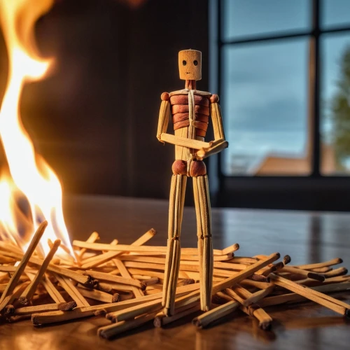 matchstick man,matchstick,matchsticks,popsicle sticks,bonfire,campfire,skeleltt,skeletal,wood skeleton,matches,burned out,fire artist,yakitori,fire master,wood fire,to burn,s'more,wooden man,human skeleton,flickering flame