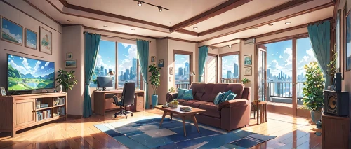 sky apartment,livingroom,living room,penthouse apartment,sitting room,modern room,3d rendering,apartment lounge,study room,apartment,great room,ornate room,an apartment,breakfast room,japanese-style room,wooden windows,modern office,shared apartment,family room,cabin,Anime,Anime,Realistic
