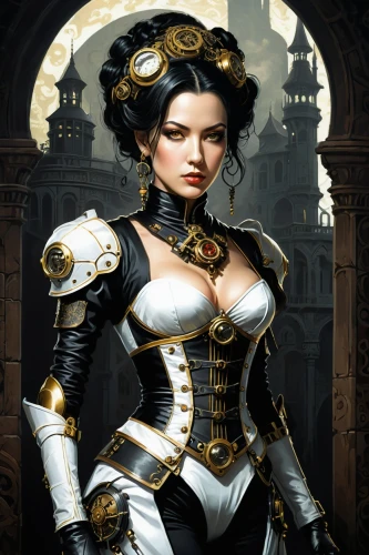 steampunk,fantasy art,cuirass,bodice,heroic fantasy,imperial coat,breastplate,fantasy portrait,gothic portrait,steampunk gears,fantasy woman,massively multiplayer online role-playing game,sorceress,artemisia,victorian lady,female warrior,venetia,fantasy picture,swordswoman,celtic queen,Illustration,Realistic Fantasy,Realistic Fantasy 06