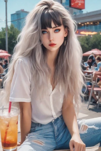 retro girl,vintage angel,retro woman,denim background,silver fox,lemonsoda,retro women,vintage girl,iced tea,retro look,80s,paloma,girl in overalls,neon tea,pale,vintage woman,ice tea,bangs,orange drink,retro diner,Photography,Realistic