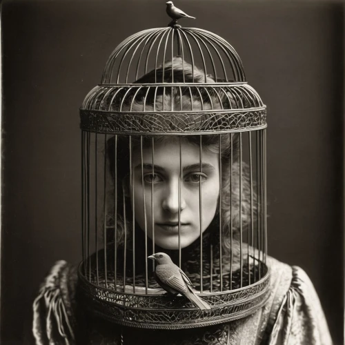 bird cage,vintage female portrait,cage bird,lillian gish - female,birdcage,vintage woman,conceptual photography,captivity,prisoner,canary,woman thinking,silent screen,ambrotype,arbitrary confinement,ethel barrymore - female,panopticon,queen cage,gothic portrait,vintage women,vintage girl,Photography,Black and white photography,Black and White Photography 15