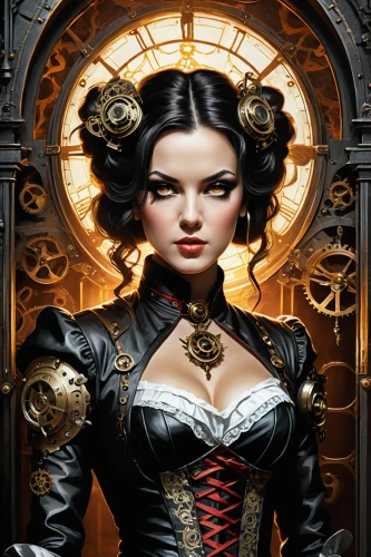 steampunk,clockmaker,steampunk gears,gothic portrait,rosa ' amber cover,collectible card game,ships wheel,watchmaker,clockwork,gothic woman,game illustration,fantasy art,fantasy portrait,dodge warlock,queen of hearts,heroic fantasy,grandfather clock,librarian,sorceress,jigsaw puzzle,Illustration,Realistic Fantasy,Realistic Fantasy 13