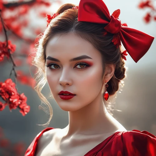 red magnolia,red petals,geisha girl,romantic portrait,geisha,red flower,romantic look,red bow,red berries,vietnamese woman,cherry flower,red roses,red flowers,oriental princess,lady in red,oriental girl,beautiful girl with flowers,red rose,miss vietnam,shades of red,Photography,General,Realistic