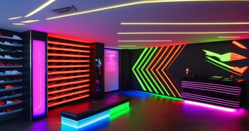 shoe store,walk-in closet,shoe cabinet,fitness room,closet,nightclub,fitness center,game room,gymnastics room,women's closet,shelves,showroom,ufo interior,sports wall,neon candies,interior design,laser tag,music store,candy store,precision sports,Photography,General,Realistic