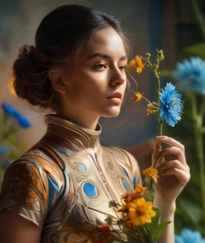 girl in flowers,girl picking flowers,beautiful girl with flowers,flower painting,fantasy portrait,valerian,mystical portrait of a girl,holding flowers,girl in a wreath,girl in the garden,splendor of flowers,flower girl,blue flowers,blue flower,flower art,vintage flowers,flora,blue rose,fantasy art,fantasy picture