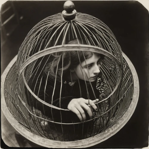 cage bird,lillian gish - female,bird cage,stieglitz,basket weaver,armillary sphere,tambourine,parabolic mirror,panopticon,aviary,mary pickford - female,experimental musical instrument,ambrotype,silent screen,lilian gish - female,cage,vintage lantern,plucked string instrument,bower,klaus rinke's time field,Photography,Black and white photography,Black and White Photography 15