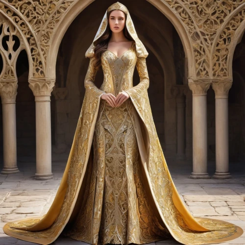 gold filigree,bridal clothing,suit of the snow maiden,golden crown,ball gown,wedding gown,vestment,the snow queen,wedding dresses,imperial coat,gold lacquer,women's clothing,fantasy woman,queen of the night,gold colored,mother of the bride,game of thrones,accolade,camelot,regal,Illustration,Realistic Fantasy,Realistic Fantasy 42