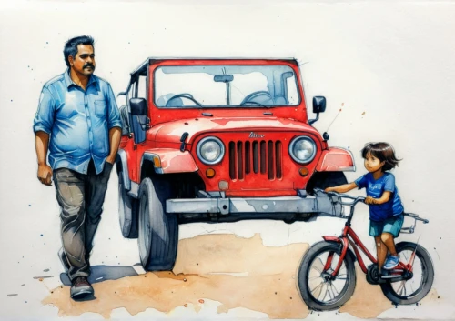 family motorcycle,father with child,austin fx4,watercolor painting,father's day card,man and boy,kids illustration,motorbike,photo painting,by chaitanya k,oil painting on canvas,watercolor sketch,blue pushcart,piaggio ape,rickshaw,dad and son outside,piaggio,motorcycle,tractor,tusche indian ink,Illustration,Realistic Fantasy,Realistic Fantasy 23