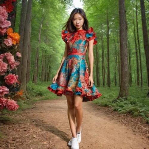 floral dress,girl in flowers,floral japanese,a girl in a dress,ballerina in the woods,country dress,girl in a long dress,vintage floral,doll dress,colorful floral,vintage dress,women fashion,floral skirt,beautiful girl with flowers,flower fairy,miss vietnam,asian woman,oriental princess,social,fashion girl,Female,East Asians,Disheveled hair,Youth adult,M,Mini Skirt,Outdoor,Forest