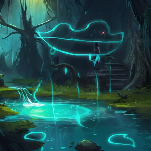 runes,bioluminescence,monsoon banner,druid grove,halloween background,devilwood,game illustration,frog background,witch's hat icon,april fools day background,concept art,cuthulu,druid stone,grimm reaper,haunted forest,neon ghosts,summoner,water-the sword lily,tiber riven,swampy landscape,Conceptual Art,Fantasy,Fantasy 02