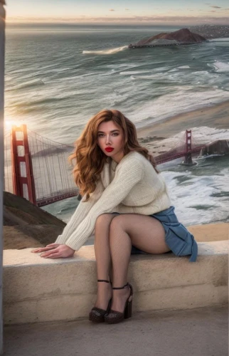 beach background,san francisco,cali,retro woman,image manipulation,painted lady,on the pier,girl on the stairs,santa monica,by the sea,photoshop manipulation,malibu,windy,golden gate,pinup girl,photo manipulation,retro girl,plus-size model,retro pin up girl,pin-up model,Common,Common,Photography