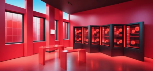 a museum exhibit,computer room,vitrine,wall,gallery,artscience museum,on a red background,cosmetics counter,coke machine,red milan,elevators,red background,red wall,red,display case,opaque panes,art gallery,the server room,red matrix,panoramical,Photography,General,Realistic