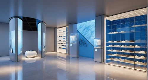 walk-in closet,shoe cabinet,vitrine,shoe store,blue and white porcelain,display window,ice hotel,display case,jewelry store,shop-window,showroom,pantry,luxury accessories,white room,luxury bathroom,beauty room,kitchen shop,blue room,showcase,boutique,Photography,General,Realistic