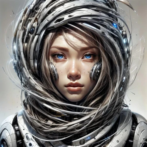cyborg,echo,sci fiction illustration,head woman,fantasy portrait,silver,cybernetics,spacesuit,veil,scifi,biomechanical,andromeda,humanoid,female warrior,fantasy art,sci fi,space suit,alien warrior,sidonia,silvery