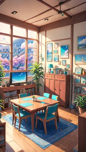 breakfast room,studio ghibli,houseboat,ocean view,japanese-style room,study room,seaside country,summer cottage,sky apartment,livingroom,aqua studio,blue room,over water bungalow,seaside resort,the cabin in the mountains,classroom,great room,wooden windows,living room,dining room,Anime,Anime,Realistic