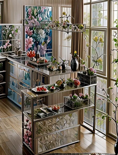 china cabinet,room divider,flower booth,floral corner,flower wall en,floral decorations,ornamental dividers,flower arranging,flower shop,flower vases,breakfast room,flower boxes,tile kitchen,danish furniture,interior design,vitrine,patterned wood decoration,flower stand,kitchen cabinet,interior decoration