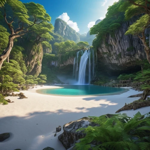 cartoon video game background,wasserfall,fantasy landscape,landscape background,underwater oasis,ash falls,mountain spring,waterfalls,beauty scene,an island far away landscape,oasis,the natural scenery,water falls,idyllic,a small waterfall,beautiful landscape,tropical and subtropical coniferous forests,full hd wallpaper,imperial shores,tropical island,Photography,General,Realistic