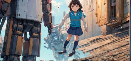 2d,girl walking away,flying girl,wonder,alley,mako,paper boat,cyan,book cover,studio ghibli,alleyway,narrow street,fragments,pedestrian,kayano,girl in a long,aqua,ganai,blue sky,sakana,Anime,Anime,Realistic