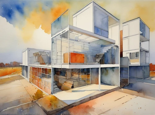 habitat 67,cubic house,contemporary,house drawing,modern architecture,dunes house,cube house,modern house,cube stilt houses,archidaily,glass facade,frame house,house hevelius,mondrian,house painting,matruschka,glass blocks,watercolor,apartment house,housebuilding,Illustration,Paper based,Paper Based 05