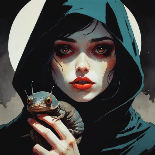 little red riding hood,red riding hood,woman frog,sci fiction illustration,fantasy portrait,vampire woman,digital illustration,gothic portrait,game illustration,vampire lady,girl with dog,huntress,scarlet witch,vampire,snake charming,poisonous,the enchantress,sorceress,hooded,splinter,Illustration,Paper based,Paper Based 19