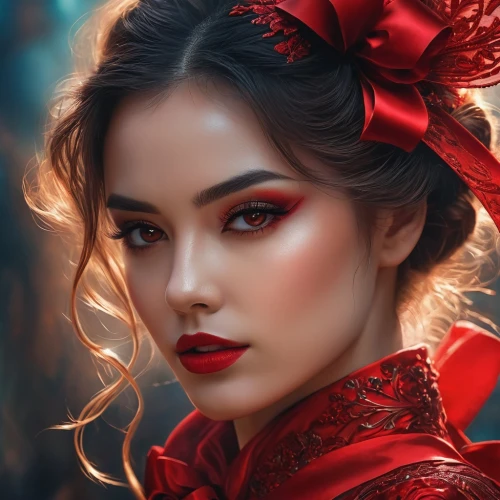 fantasy portrait,geisha girl,romantic portrait,geisha,victorian lady,red rose,lady in red,fantasy art,red butterfly,mystical portrait of a girl,oriental princess,world digital painting,red roses,rouge,red bow,red flower,red petals,queen of hearts,vintage makeup,shades of red,Photography,General,Fantasy