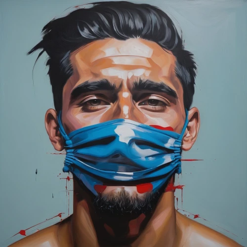 surgical mask,oil painting on canvas,oil on canvas,flu mask,pollution mask,respirator,medical mask,surgeon,self-quarantine,breathing mask,oil painting,face portrait,blue painting,art painting,oxygen mask,painting technique,oil paint,respirators,pollution,the pollution,Illustration,Realistic Fantasy,Realistic Fantasy 24