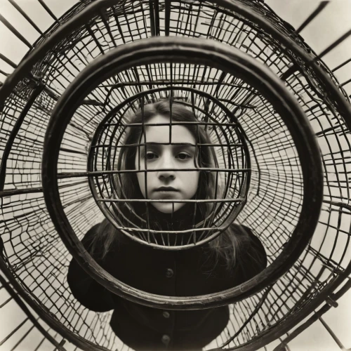 panopticon,cage bird,girl with a wheel,queen cage,bird cage,stieglitz,art nouveau frame,lillian gish - female,klaus rinke's time field,parabolic mirror,cage,hamster wheel,art nouveau frames,ambrotype,gasometer,concentric,coil,looking glass,photomontage,arbitrary confinement,Photography,Black and white photography,Black and White Photography 15