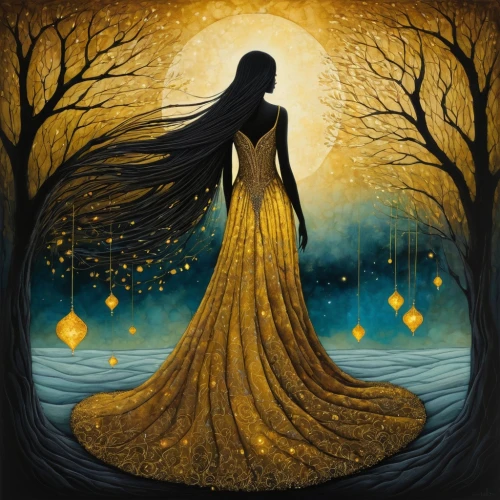 gold foil mermaid,queen of the night,gold filigree,gold foil art,the enchantress,sorceress,mystical portrait of a girl,golden rain,the night of kupala,priestess,lady of the night,golden crown,faerie,light bearer,golden apple,gold foil tree of life,mary-gold,light of night,solar plexus chakra,fairy queen,Illustration,Abstract Fantasy,Abstract Fantasy 19
